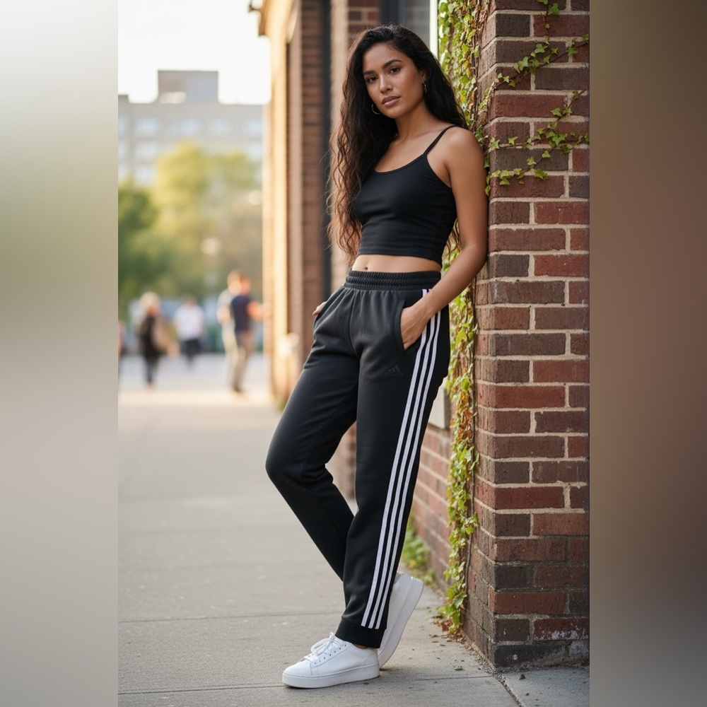 Adidas Junior Black Track Pants with White Stripes
